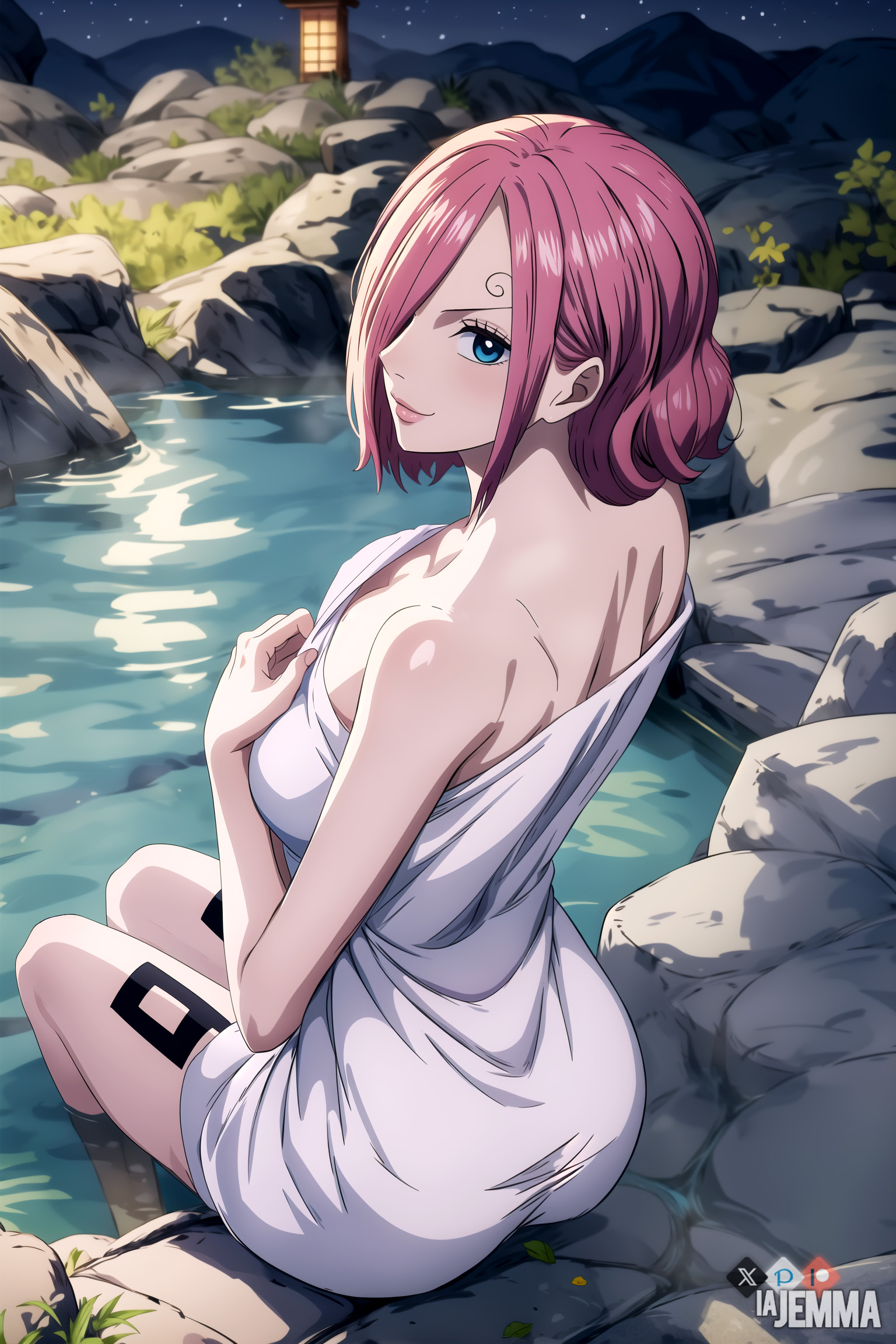 1girls, accurate art style, ai generated, black tattoo, female, female only, jemmasoria, leg tattoo, looking at viewer, looking back, looking up, number tattoo, one piece, onsen, pink hair, pink-haired female, solo, solo female, tattoo, towel, towel only, vinsmoke reiju, water
