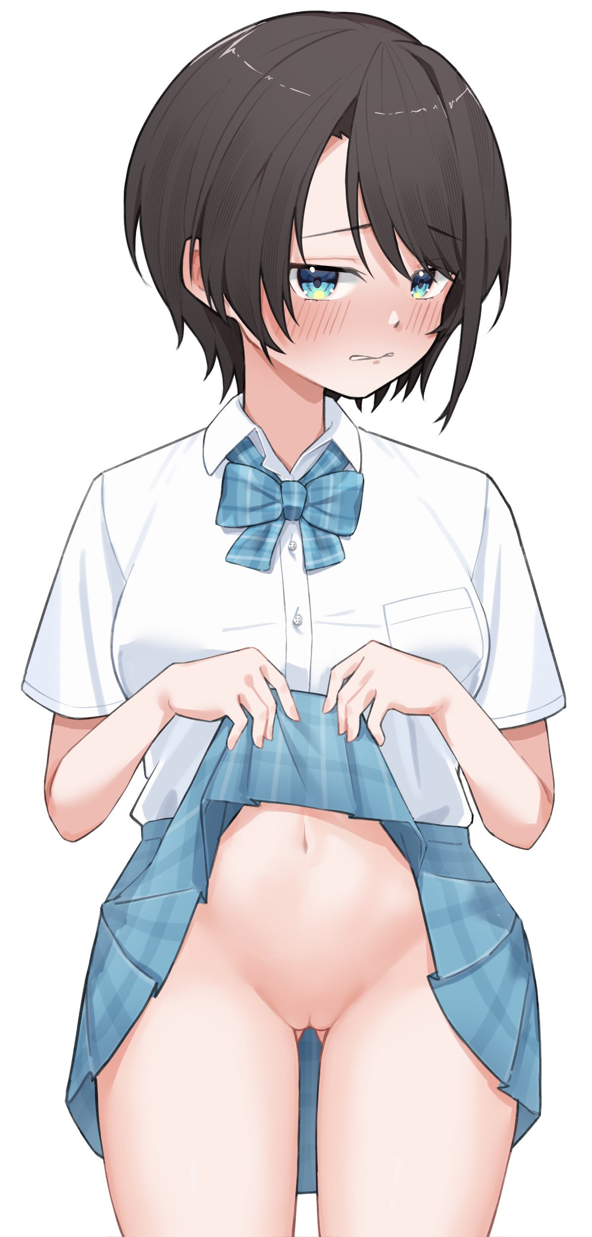 1girls, 2d, alternate costume, artist request, ass, ass visible through thighs, belly, belly button, biting lip, biting own lip, black hair, blue eyes, blush, blush lines, bottomless, bowtie, breasts, cleft of venus, clothed, covered breasts, covered nipples, cowboy shot, digital drawing (artwork), embarrassed, facing viewer, female, female focus, female only, front view, hips, hololive, hololive gen 2, hololive japan, image, innie pussy, legs, lifting skirt, looking at viewer, looking away, mostly clothed, navel, no panties, nude, nude female, oozora subaru, open eyes, partially clothed, pussy, school uniform, shaved pussy, shirt, skirt, skirt lift, skirt up, standing, stomach, thighs, upskirt, vagina, virtual youtuber, waist, white background