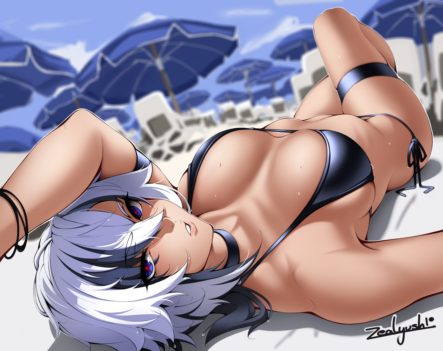 arlecchino (genshin impact), bikini, black hair, breasts, curvaceous, female, female only, genshin impact, large breasts, looking at viewer, lying, mihoyo, short hair, solo, two-tone hair, white hair, zealyush