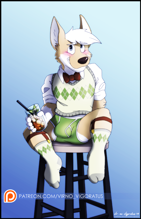 alcohol anthro avery_(vir-no-vigoratus) beverage black_nose blue_background bow_tie briefs bulge canid canine canis clothing cocktail colored_seam_underwear domestic_dog drinking_straw footwear fur furniture garter_belt garter_straps gradient_background green_briefs green_clothing green_eyes green_underwear hair herding_dog ice_cube leaf legwear male male_only mammal necktie open_mouth orange_body orange_fur pastoral_dog pattern_clothing pattern_legwear pattern_socks red_bowtie red_necktie simple_background sitting smile socks solo solo_male stool sweater teeth_showing topwear underwear vir-no-vigoratus website_url welsh_corgi white_body white_clothing white_footwear white_fur white_hair white_seam_briefs white_seam_underwear white_socks