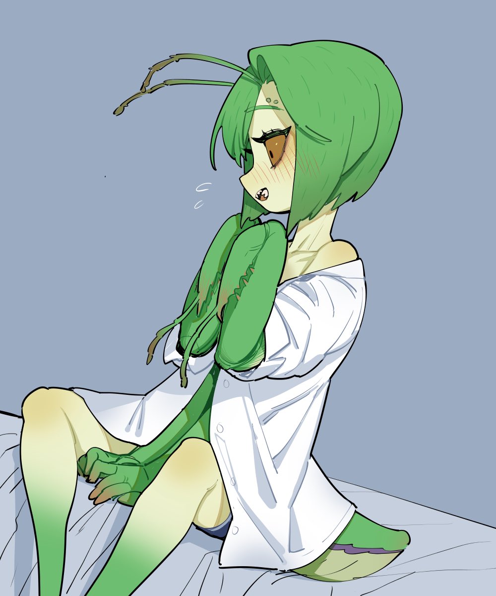 1girls antennae arthropod_girl bare_shoulders bed between_legs black_eyes blue_panties blush bob_cut brown_sclera colored_sclera colored_skin commentary_request female flying_sweatdrops from_side gradient_skin green_hair green_skin grey_background hand_between_legs highres humanoid inverted_bob korean_commentary mantis-chan_(sparrowl) mantis_girl monster_girl multi_arm multi_limb off_shoulder on_bed original panties praying_mantis profile sharp_teeth shirt short_hair short_sleeves simple_background sitting smile solo solo_female sparrowl tail teeth underwear white_shirt yellow_skin