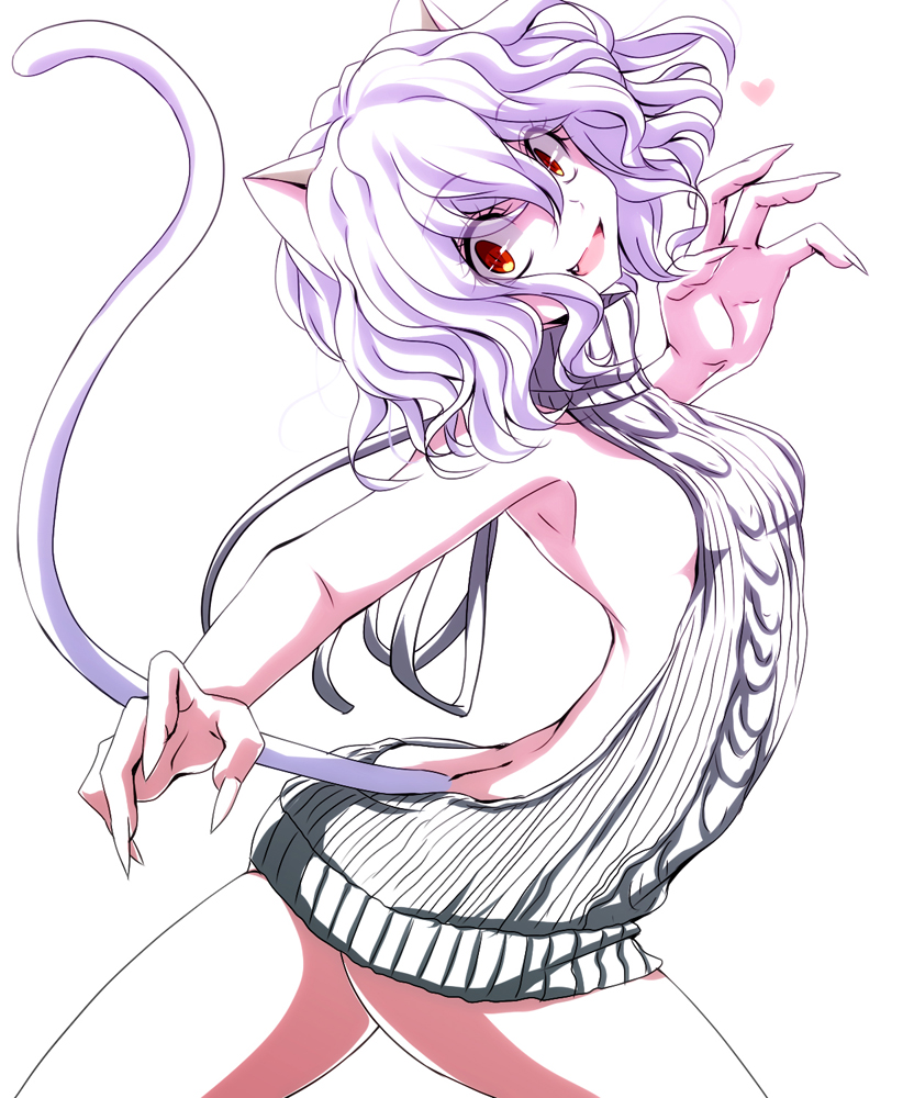 :d arched_back ass backless_dress backless_outfit bare_arms bare_back bare_shoulders breasts cat_ears cat_tail dress fangs female from_side heart hunter_x_hunter looking_at_viewer neferpitou red_eyes ribbed_sweater sharp_fingernails solo sweater_dress virgin_killer_sweater watarui white_hair