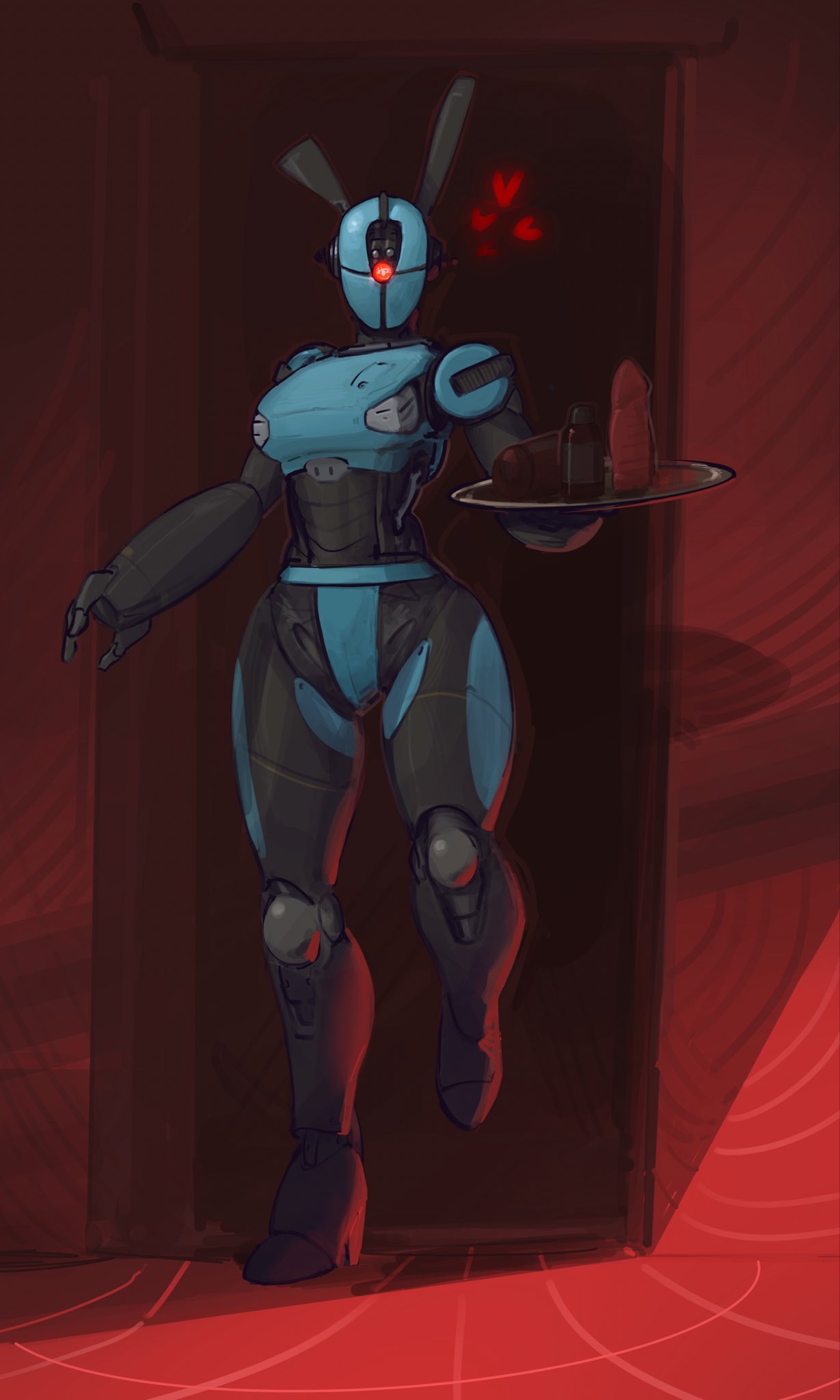 1_eye 2023 ada_(fallout) assaultron assaultron_(fallout) bethesda_softworks blue_body dildo evil_tradesman fake_ears fake_rabbit_ears fallout female front_view full-length_portrait heart hi_res humanoid lube machine not_furry on_one_leg portrait red_eyes robot robot_humanoid sex_toy solo standing walking