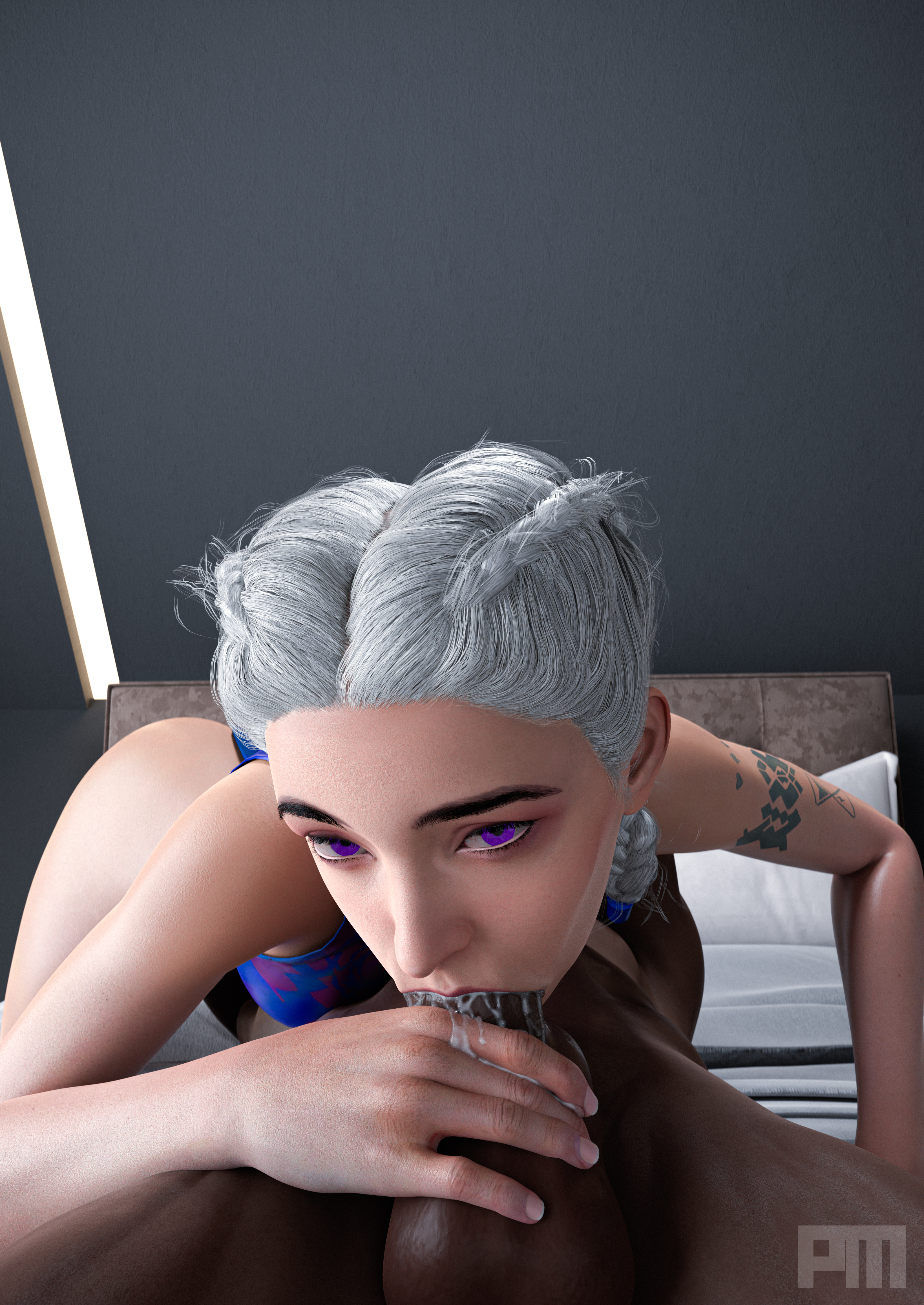 1girls, 3d, blowjob, call of duty, call of duty modern warfare 2 (2022), cum, cum in mouth, dark skin, dark-skinned male, fellatio, female, interracial, izanami (call of duty), male, oral creampie, partial male, pedman, penis, penis on face, purple eyes
