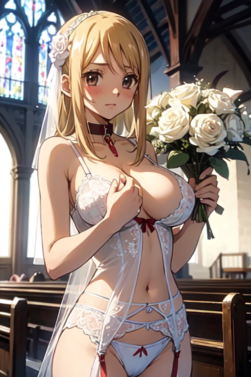 ai_generated blonde_hair blush breasts bride brown_eyes closed_mouth fairy_tail holding_flowers lucy_heartfilia moonbunny panties underwear wedding_dress