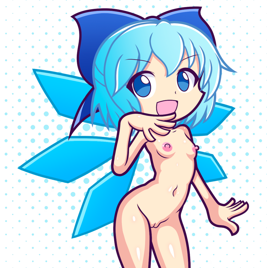 1girls blue_eyes cirno cyan_hair fairy fairy_wings furii_(artist) nude nude_female pussy puyo_puyo_artstyle small_breasts the_embodiment_of_scarlet_devil touhou wide_hips