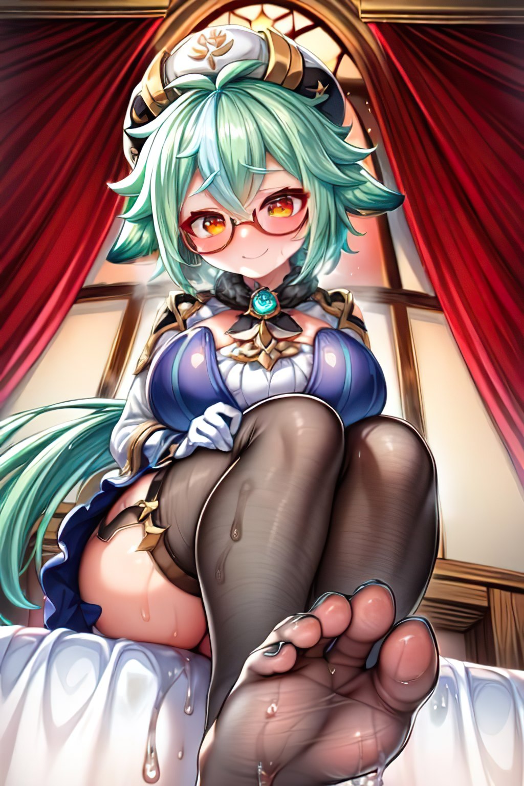 1girls 5_toes ai_generated bed bedroom big_breasts black_legwear breasts cleavage clothed feet feet_up female female_focus female_only foopanthia foot_fetish foot_focus from_below genshin_impact glasses green_hair legwear looking_at_viewer looking_down one_eye_closed open_mouth orange_eyes self_upload sitting smile sole_female soles soles_of_feet_in_socks solo stockings sucrose_(genshin_impact) thick_thighs thighs toes wet