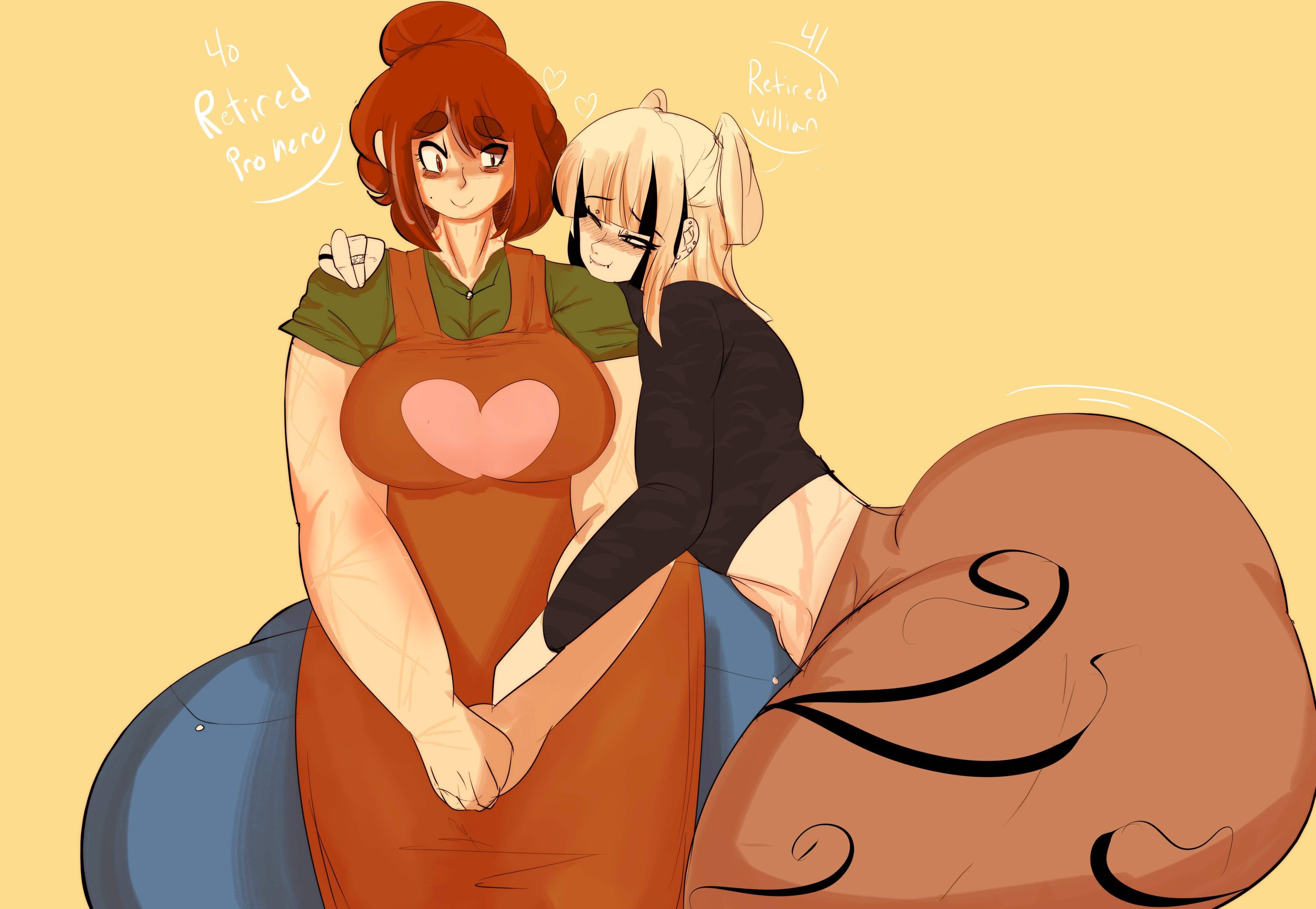 2girls, apron, ass, big ass, big butt, black hair, blonde hair, blush, boku no hero academia, brown eyes, brown hair, english text, female, hair bun, heart, himiko toga, lip ring, mature, mature female, melissaalli, milf, multicolored hair, multiple females, multiple girls, my hero academia, ochako uraraka, oerba yun fang, one eye closed, post-timeskip, smile, standing, text, thick thighs, toga himiko, uraraka ochaco, uraraka ochako, yellow eyes, yuri