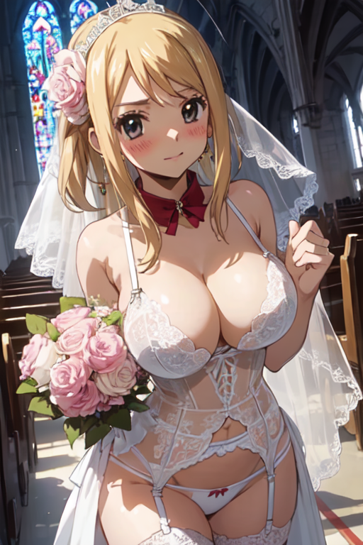 ai_generated blonde_hair blush breasts bride brown_eyes closed_mouth fairy_tail flowers lucy_heartfilia moonbunny panties underwear wedding_dress