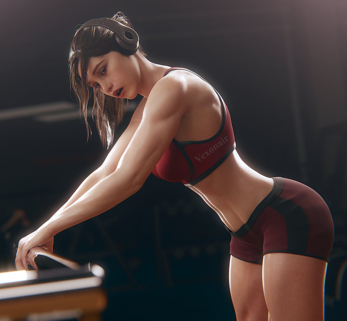 1girls 3d blue_eyes brown_hair claire_redfield claire_redfield_(jordan_mcewen) clothed female female_focus female_only gym gym_shorts light-skinned_female muscular_women resident_evil resident_evil_2 resident_evil_2_remake solo solo_female sports_bra toned vexonair