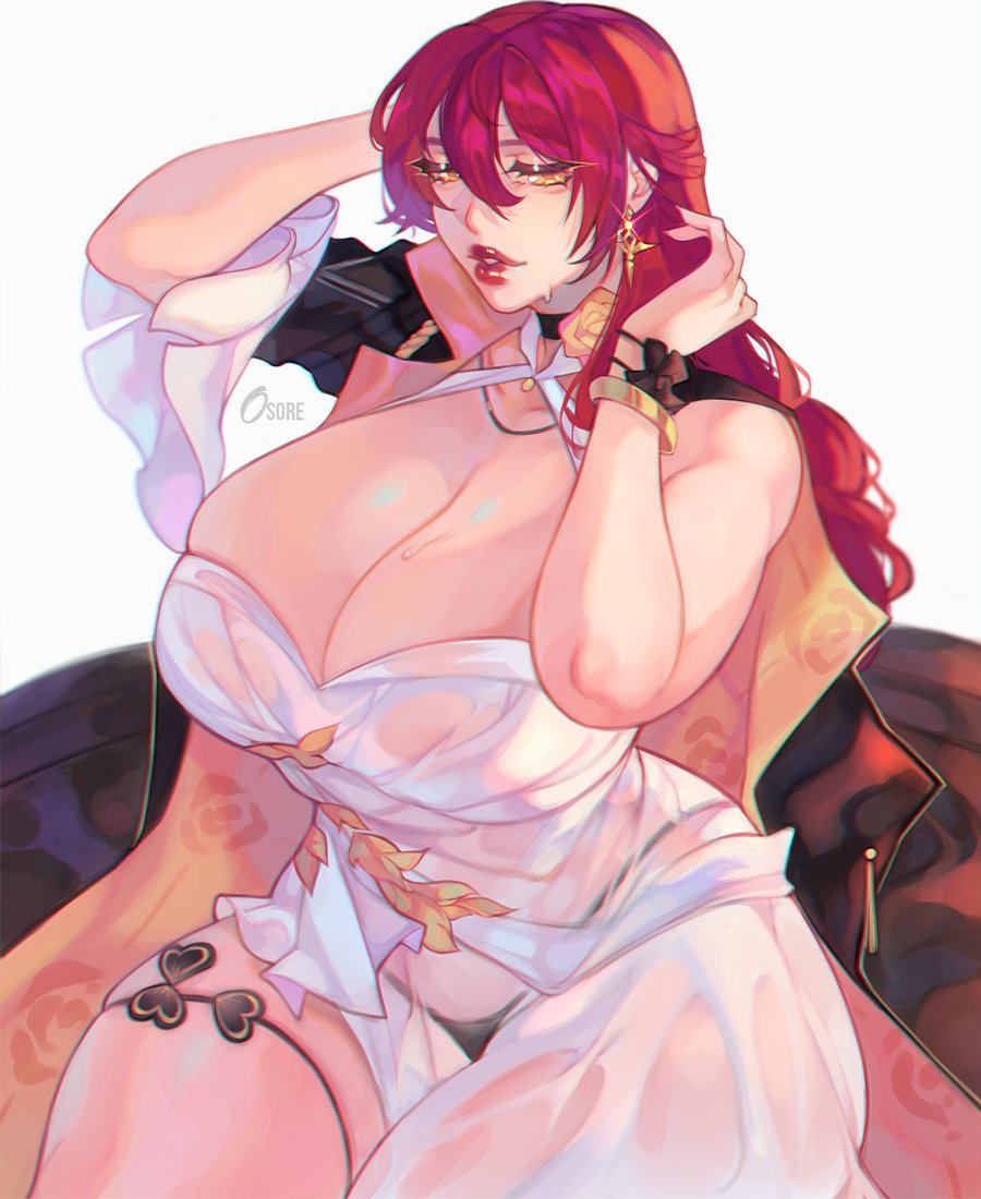 1girls breasts choker cleavage curvy dress female female_only himeko_(honkai:_star_rail) honkai:_star_rail large_breasts lips lipstick osoretic red_hair see-through see-through_clothing see-through_dress solo thick_thighs thigh_strap thighs thong voluptuous wide_hips yellow_eyes