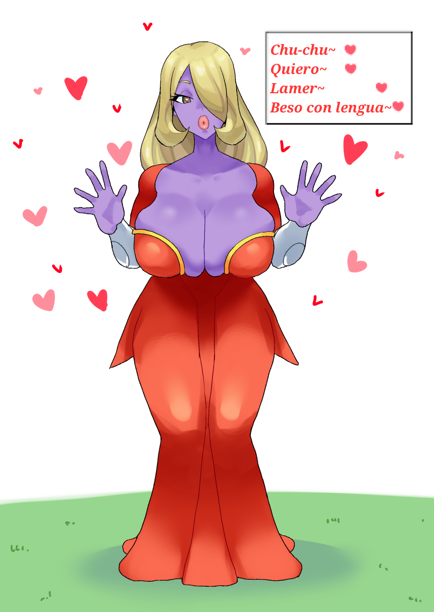 big_breasts blonde_female blonde_hair cynthia_(pokemon) dress jynx pokemon pokemon_(species) purple-skinned_female purple_skin red_dress spanish_text spanish_translation suteakazuzuki text