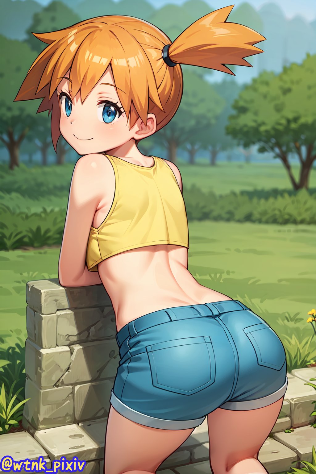 1girls, 2020s, 2023, ai generated, anime, ass, asymmetrical hair, bending forward, blue bottomwear, blue eyes, clothing, cowboy shot, crop top, day, denim, denim shorts, eyebrows visible through hair, female, female only, game freak, gen 1 pokemon, grass, gym leader, hair between eyes, happy, heroine, kasumi (pokemon), kneepits, legs, light skin, light-skinned female, looking at viewer, manga, nintendo, orange hair, outdoors, pokemon, pokemon (anime), pokemon (classic anime), pokemon rgby, ponytail, rear view, shiny hair, shiny skin, short hair, short shorts, shorts, side ponytail, smile, solo, solo female, strong tomboy (spectrum), teenage female, teenager, thighs, tied hair, tomboy, trees, up close, video game, video game franchise, yellow topwear
