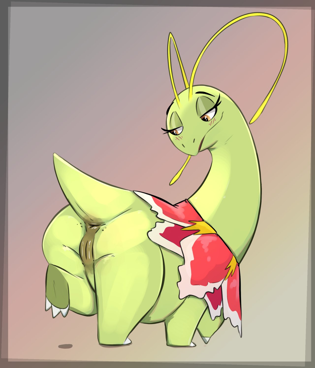 1girls 2023 anus dinosaur female female_only feral full-length_portrait generation_2_pokemon genitals green_body hi_res honeymono long_neck looking_back meganium nintendo pokemon pokemon_(species) portrait pussy raised_foot rear_view reptile sauropod scalie solo