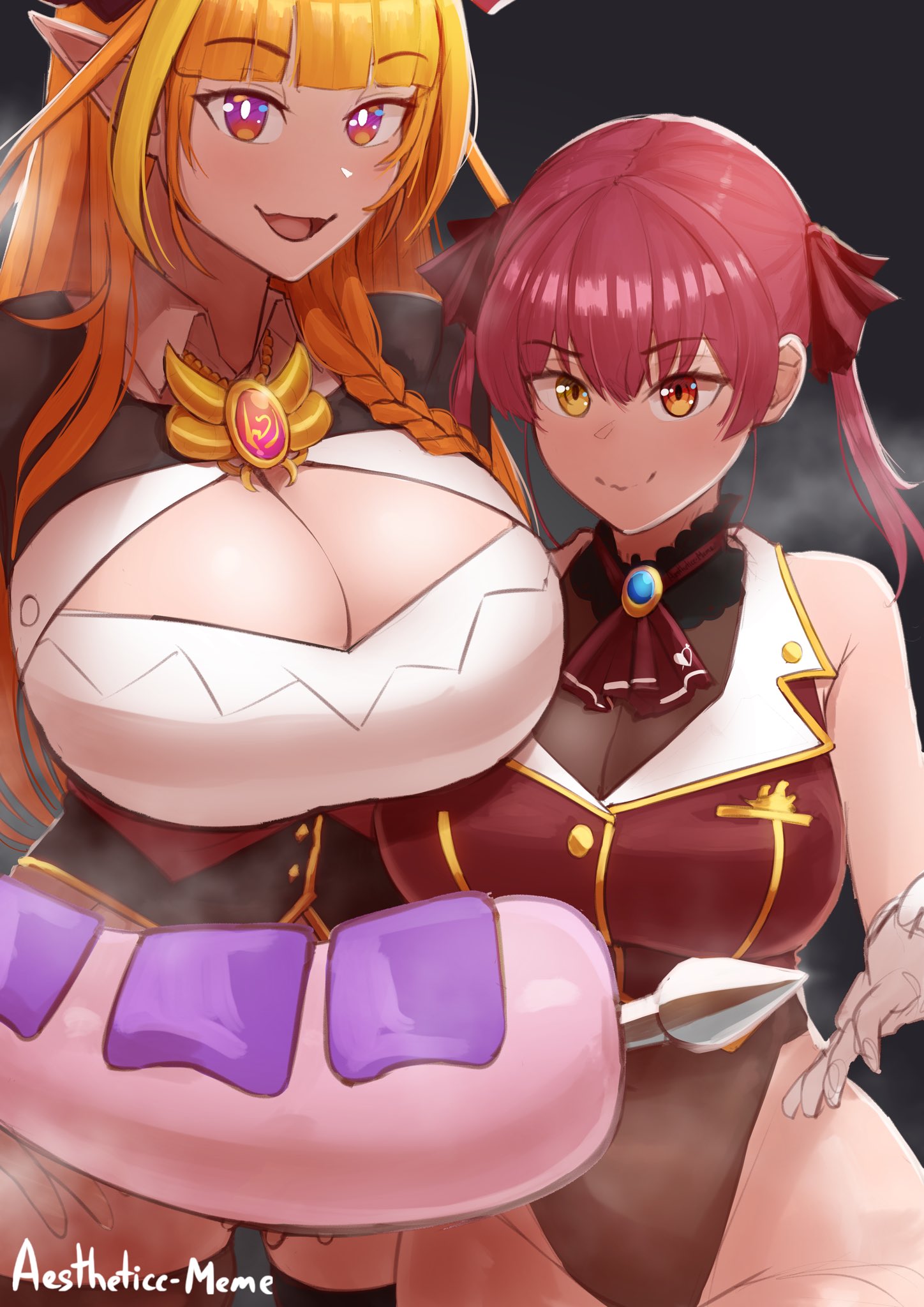 2girls aestheticc-meme ahoge black_jacket blonde_hair blunt_bangs bodystocking bow braid breasts buttplug cleavage cleavage_cutout clothing_cutout diagonal-striped_bow dragon_girl dragon_horns dragon_tail french_braid hairband highres holoforce hololive hololive_fantasy hololive_japan horn_bow horn_ornament horns houshou_marine houshou_marine_(1st_costume) huge_breasts jacket kiryu_coco kiryu_coco_(1st_costume) leotard long_hair looking_at_viewer multicolored_hair multiple_girls oerba_yun_fang open_mouth orange_hair pointy_ears purple_eyes red_eyes red_skirt sex_toy shirt simple_background skin_fang skirt smile streaked_hair tail tearing_up thick_thighs thighs very_long_hair virtual_youtuber white_shirt wide_hips