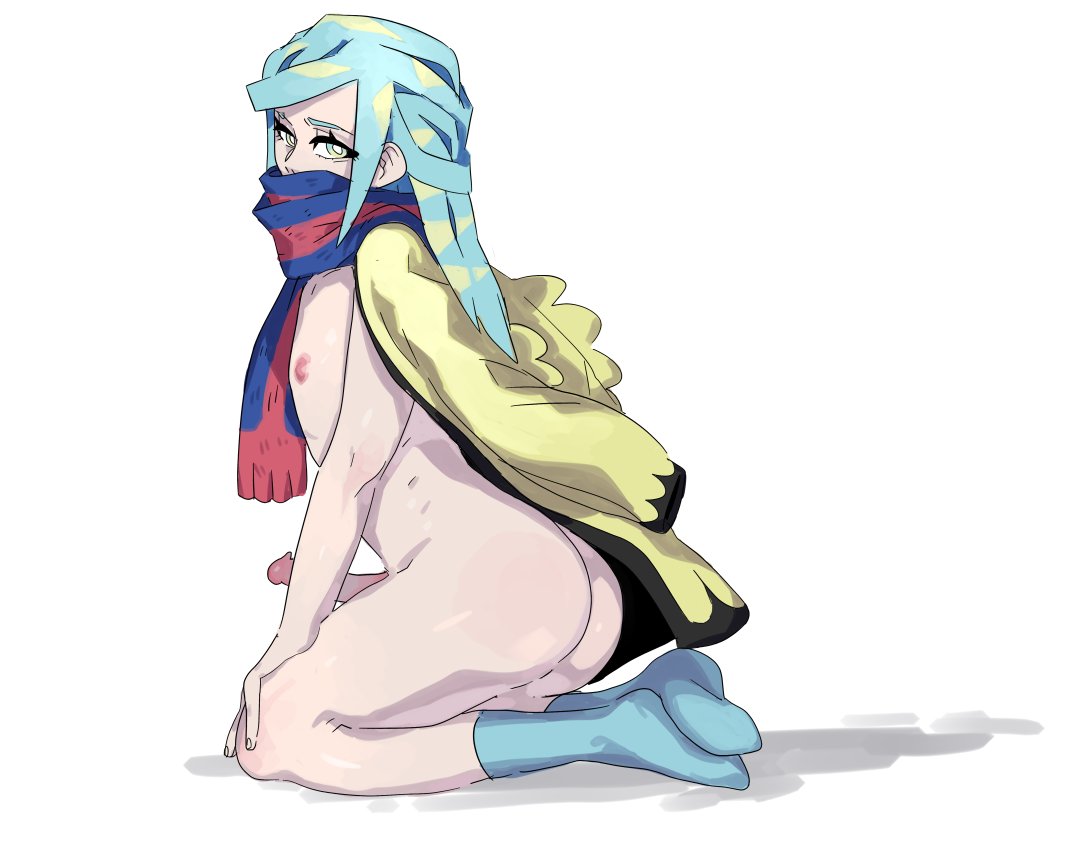 ass blue_eyes blue_hair coat creatures_(company) disasterpulse femboy game_freak grusha_(pokemon) kneeling long_hair male nintendo penis pokemon pokemon_sv scarf socks