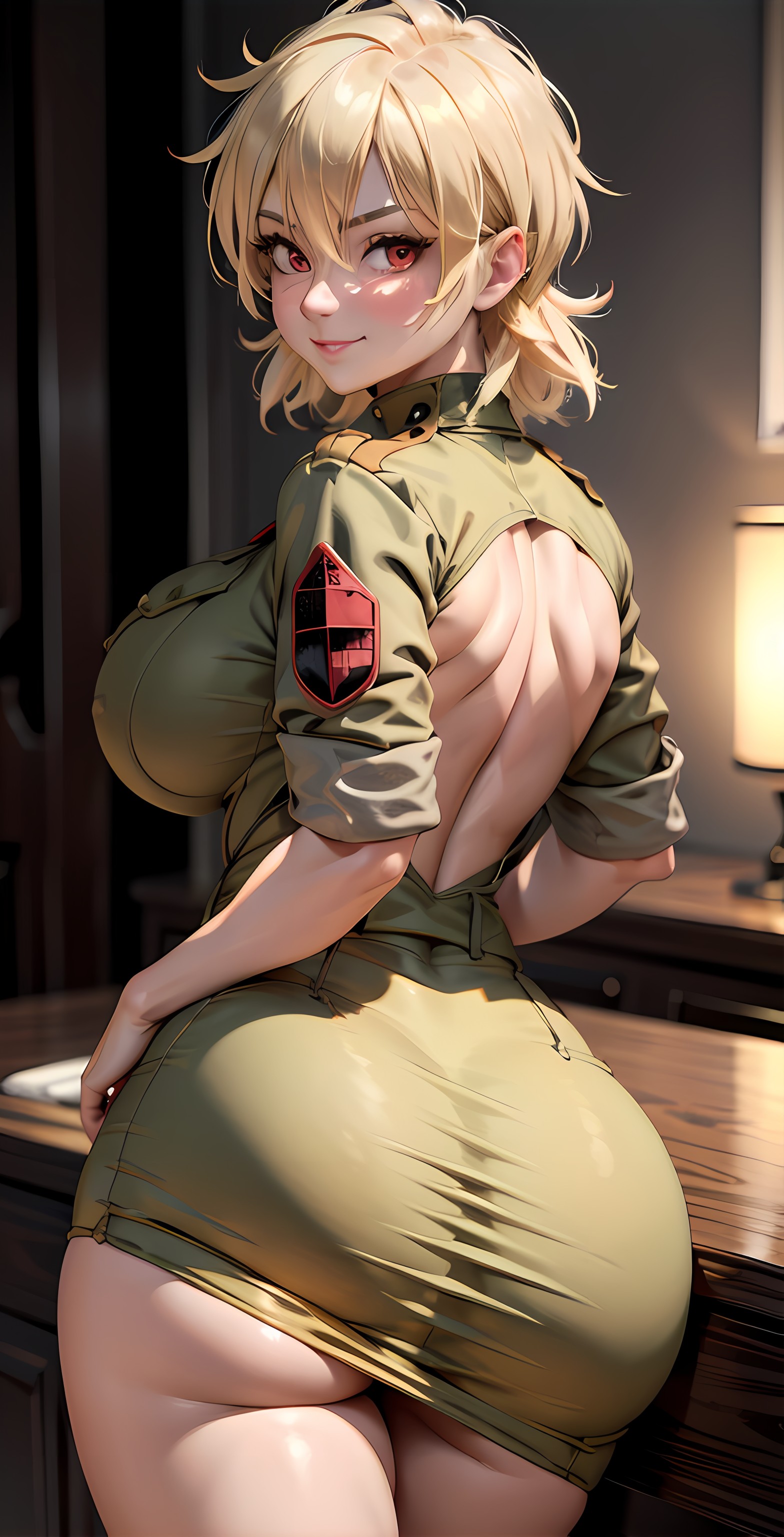 1girls, ai generated, ass, ass focus, big ass, big breasts, big butt, blonde hair, breasts, crelandir, curvaceous, curvy, curvy female, curvy figure, desk, female, female only, hellsing, hellsing ultimate, lamp, large breasts, light skin, light-skinned female, miniskirt, red eyes, seras victoria, short sleeves, skirt, smile, smiling, smiling at viewer, solo, uniform, vampire, vampire girl