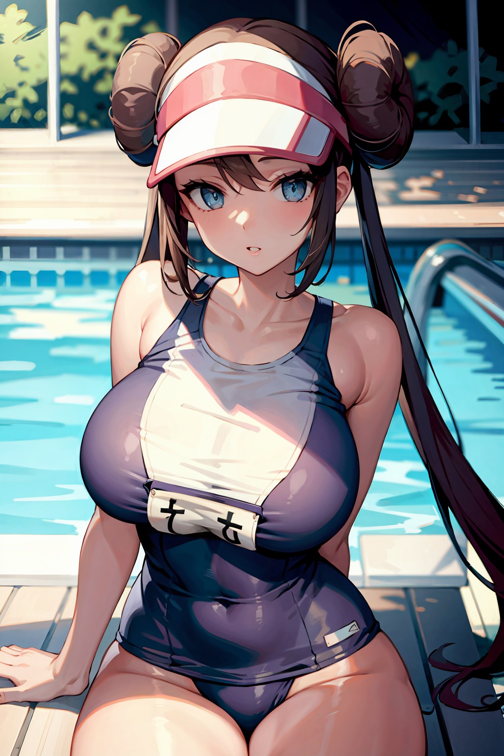 1girls, ai generated, blue eyes, breasts, competition swimsuit, female, flyingpancake, highleg swimsuit, huge breasts, light skin, light-skinned female, long hair, nintendo, one-piece swimsuit, outdoors, pokemon, pokemon bw2, pool, rosa (pokemon), stable diffusion, swimsuit, twin buns, twintails