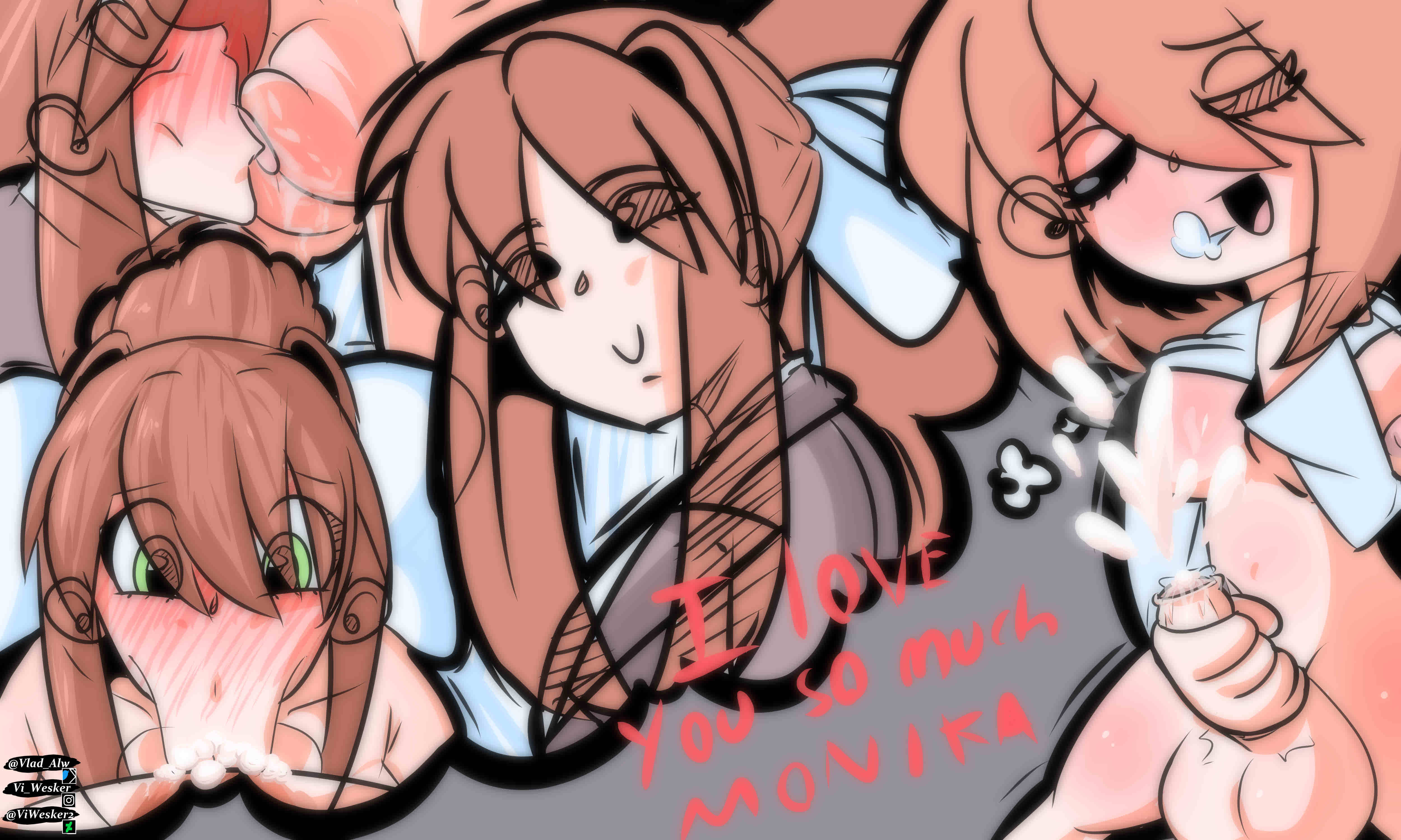 :>=, 1futa, 1girls, balls, big balls small penis, big breasts, big penis, big thighs, blowjob, blowjob face, blush, breasts, brown hair, creamy cum, cum, cum in mouth, cumming, dialogue, doki doki literature club, ejaculation, english text, erection, fantasizing, female, futa masturbation, futa on female, futanari, green eyes, human, in love, intersex, licking balls, light skin, light-skinned female, light-skinned futa, masturbation, monika (doki doki literature club), orgasm, oversized balls, peach hair, penis, sayori (doki doki literature club), self upload, smiling, solo focus, text, vi wesker