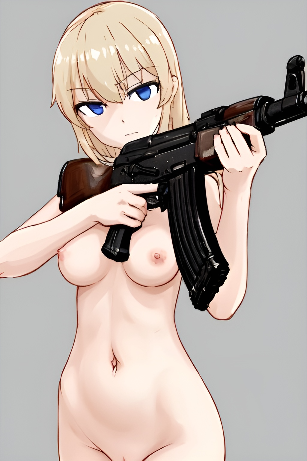 ai_generated ak-47 assault_rifle blonde_hair blue_eyes breasts emotionless expressionless female_only gun looking_at_viewer nude nude_female vesna_(dutchko)