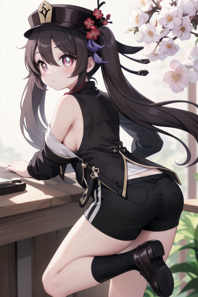 ai generated, alternate costume, ass, bare shoulders, black hair, black shorts, blush, breasts, brown eyes, female, from behind, genshin impact, hat, hat ornament, hu tao (genshin impact), jacket, long hair, looking at viewer, medium breasts, shirt, short shorts, shorts, sideboob, solo, twintails, very long hair