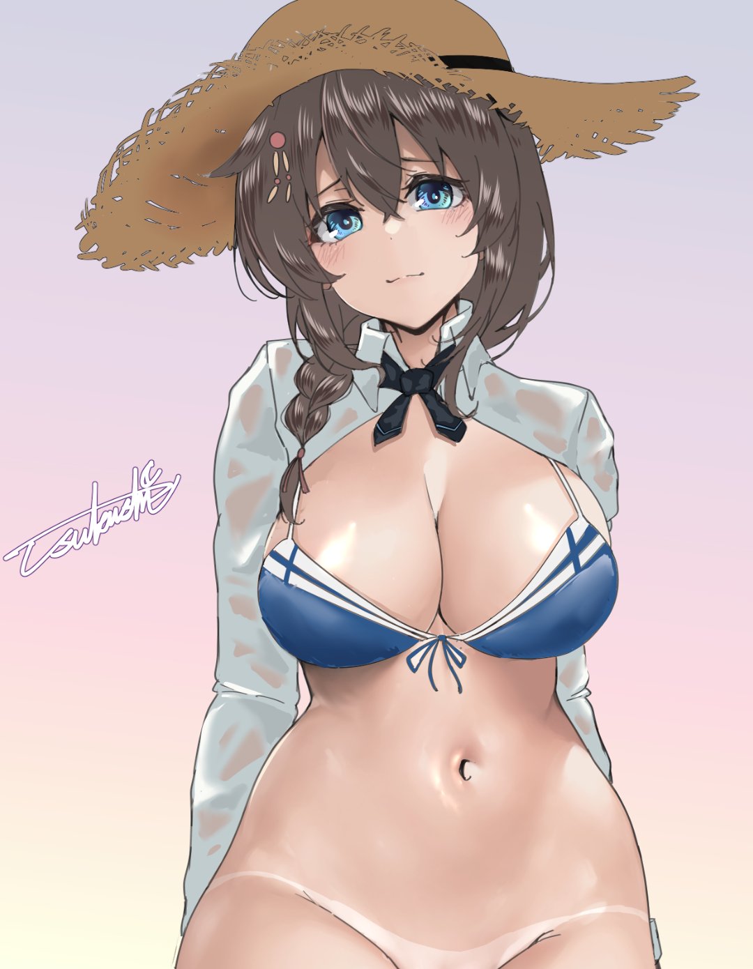 blue_bra blue_eyes bra braid braided_ponytail breastless_clothes breasts brown_hair crossed_bangs female hair_between_eyes hair_flaps hair_ornament hat highres kantai_collection kokutou_(goto123kokutoh) large_breasts long_sleeves navel no_panties out-of-frame_censoring see-through see-through_sleeves shigure_(kantai_collection) shirt shrug_(clothing) signature solo straw_hat underwear