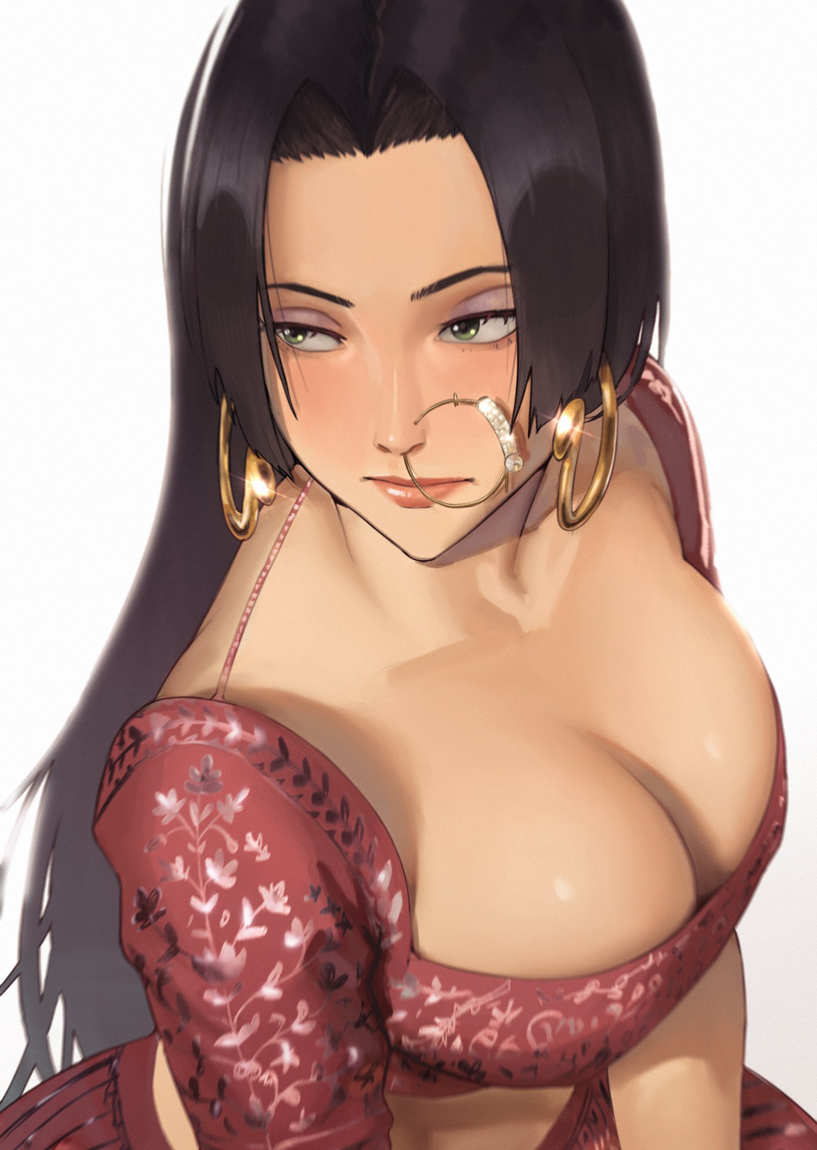 1girls, black hair, black-haired female, boa hancock, cleavage, earrings, female, female only, green eyes, indian clothes, looking away, nose ring, one piece, pplord, saree, tagme