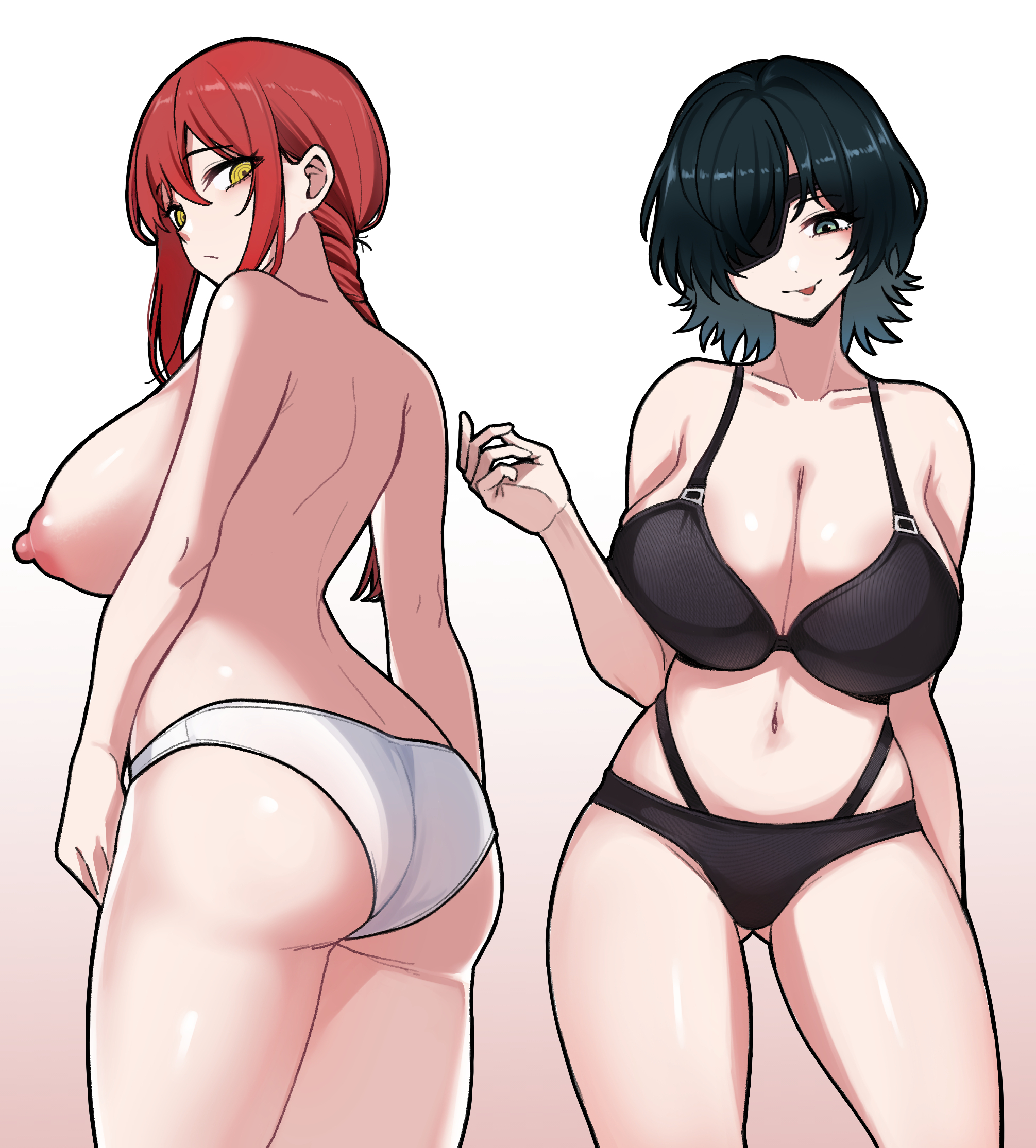 2girls, areolae, ass, back, back view, backboob, big ass, big breasts, black bra, black panties, bottomwear, bra, braid, breasts, breasts out, chainsaw man, cleavage, dark green hair, eye patch, eyewear, female, female only, green eyes, green hair, himeno (chainsaw man), huge ass, huge breasts, looking back, makima (chainsaw man), multiple females, multiple girls, nipples, panties, red hair, short hair, siri (artist), thighs, tongue, tongue out, topless, topwear, white panties, yellow eyes