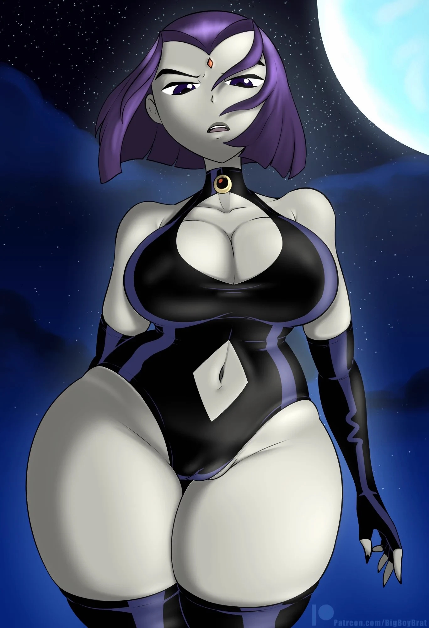 1girls, aged up, big breasts, black fingernails, breasts, cleavage, dc, dc comics, eyebrows, female, female only, goth, goth girl, grey body, grey skin, large breasts, leotard, lipstick, looking at viewer, looking down, milf, navel, purple eyes, purple hair, rachel roth, raven (dc), short hair, solo, solo female, solo focus, teen titans, teenagebratwurst, thick thighs, thighhighs, thighs, wide hips