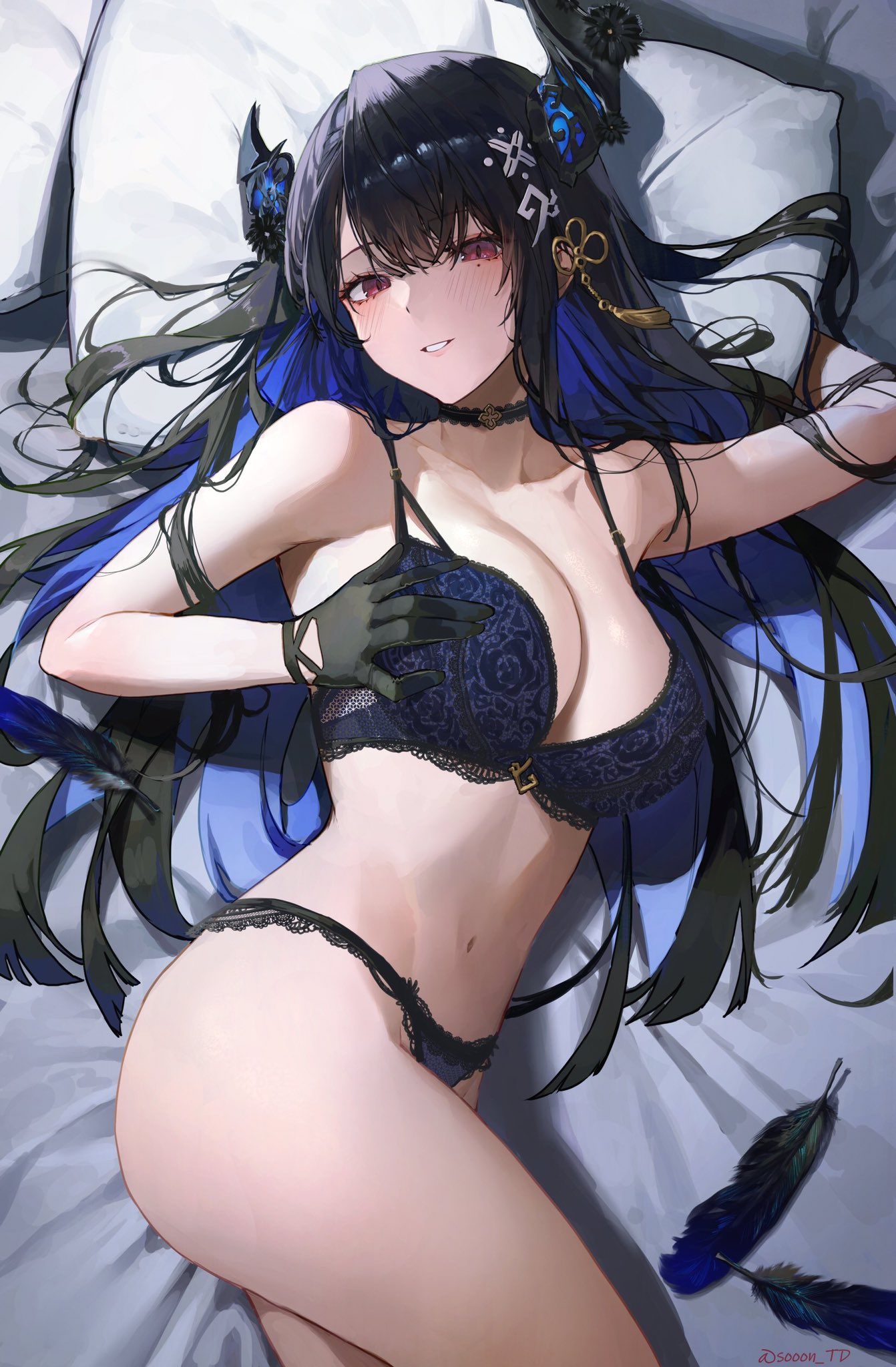 1girls, bed, black hair, blue hair, blush, bra, breasts, cleavage, collar, feathers, female, gloves, hi res, hololive, hololive english, hololive english -advent-, horn, large breasts, looking at viewer, lying, nerissa ravencroft, panties, pillow, red eyes, smile, solo, sooon, two-tone hair, underwear, virtual youtuber