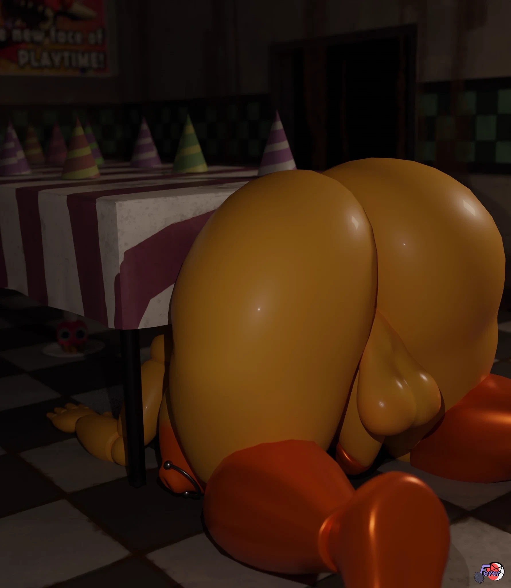 1futa, 3d, animatronic, ass, balls, big ass, big breasts, big butt, breasts, fat ass, feversfm, five nights at freddy's, five nights at freddy's 2, futa only, futanari, huge ass, huge breasts, intersex, joints, large ass, large breasts, nipple piercing, nipples, orange nipples, penis, piercing, solo, thick ass, thick thighs, thighs, toy chica (fnaf), toy chica (love taste), under the table, yellow hair, yellow skin