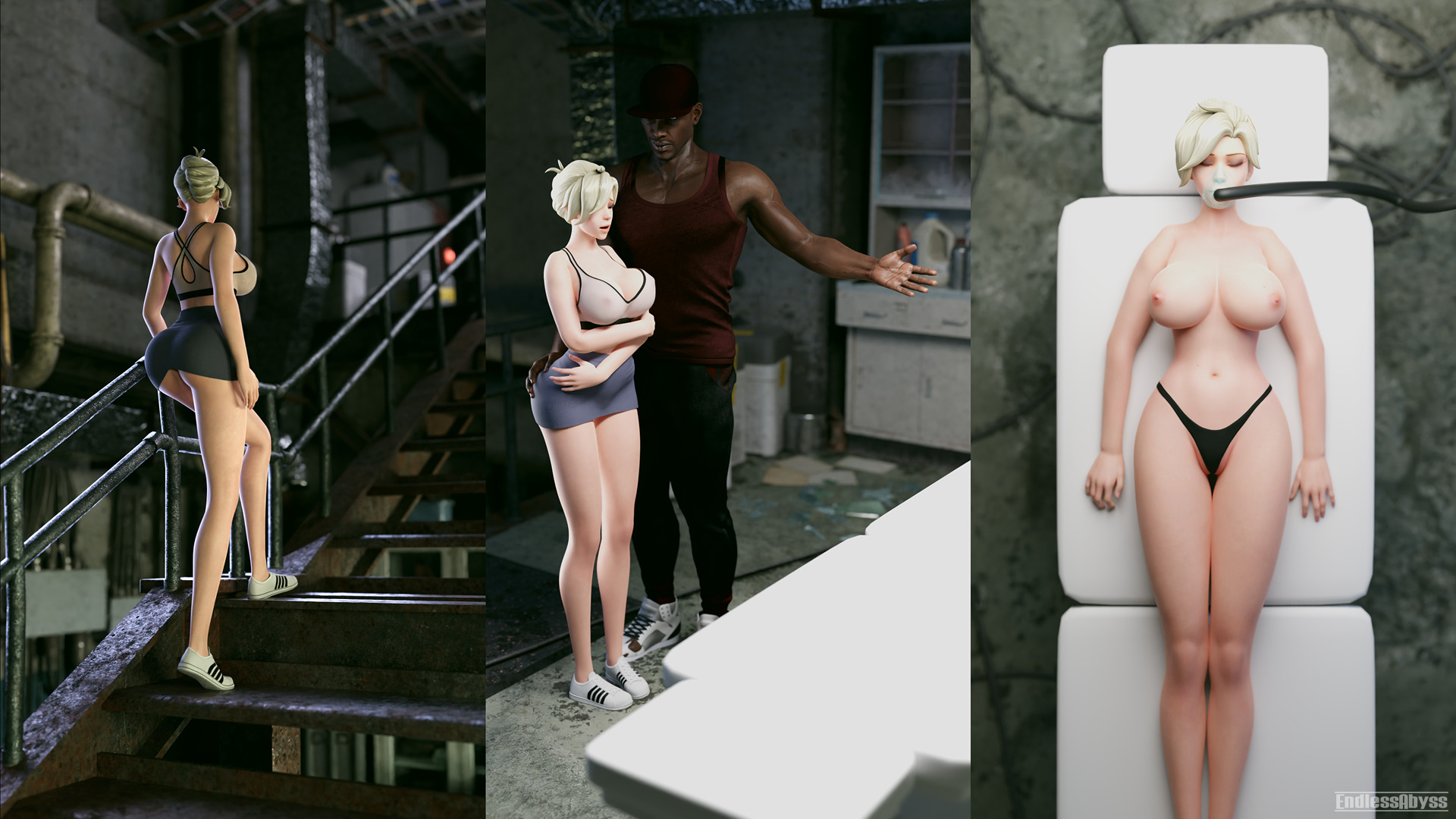 3d, blue eyes, breasts, dark skin, dark-skinned male, endlessabyss, female, imminent sex, large breasts, male, mercy, overwatch, reluctant, round breasts, self upload, walking, watermark