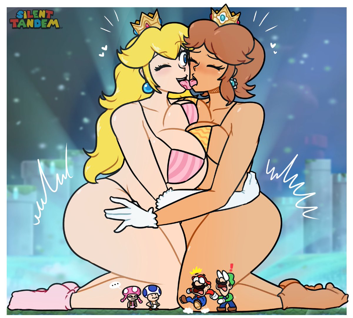 3boys 3girls ass big_breasts bikini breasts duo_focus female giantess kissing lesbian_kiss luigi male mario mario_(series) nintendo princess_daisy princess_peach silenttandem super_mario_bros._wonder toad_(mario) toadette yuri