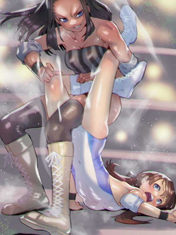 2girls blue)eyes boots breasts brown_hair catfight cleavage dark-skinned_female dark_skin leotard long_hair medium_breasts multiple_girls original scorpion_deathlock small_breasts soon submission_hold thighhighs twintails wrestling wrestling_ring