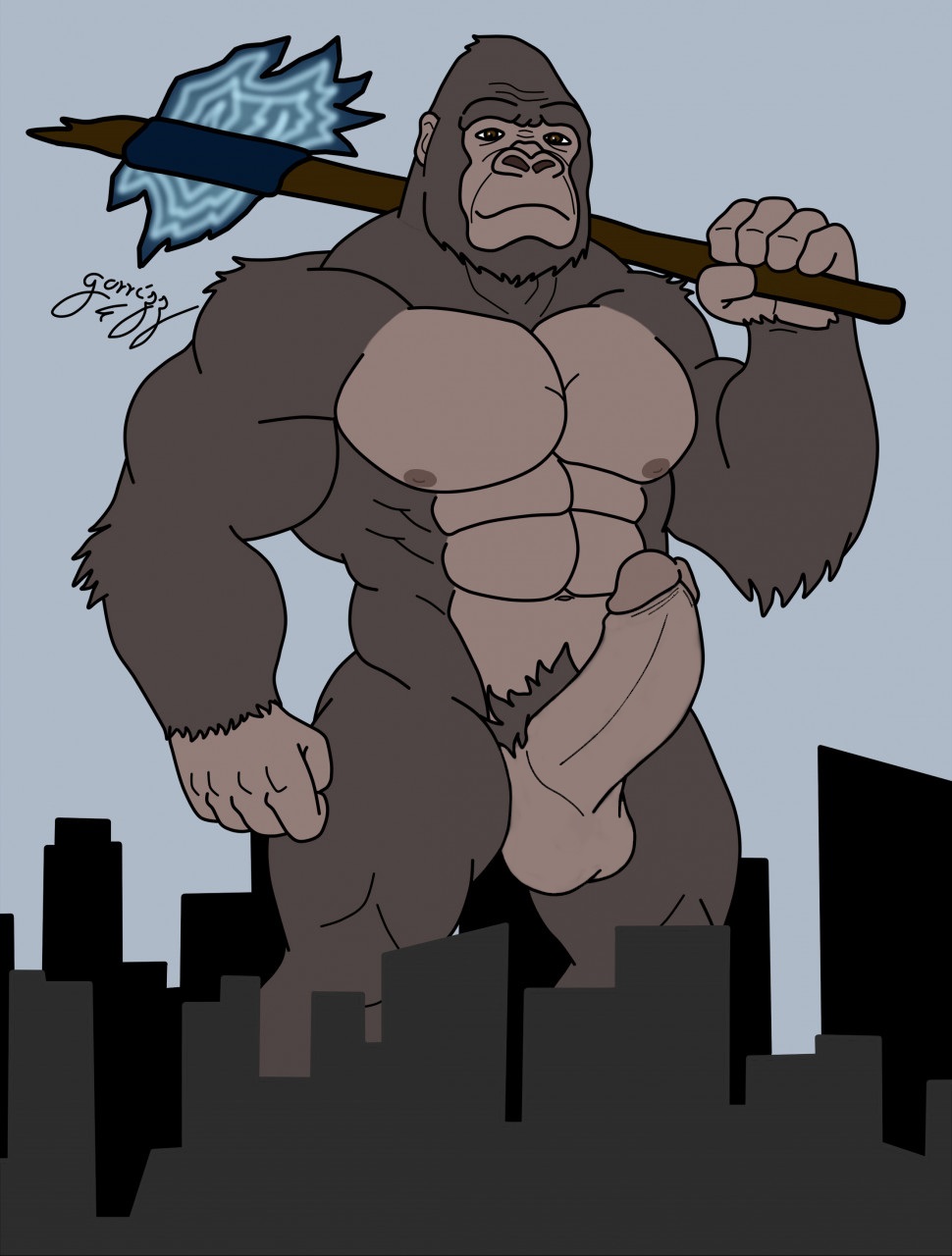 anthro ape balls biceps casual_erection casual_nudity erection foreskin fur genitals godzilla_vs_kong gorilla gorrizz haplorhine hi_res humanoid_genitalia humanoid_penis king_kong king_kong_(series) macro male male/male mammal manly monsterverse muscular muscular_anthro muscular_male nipples nude pecs penis primate solo