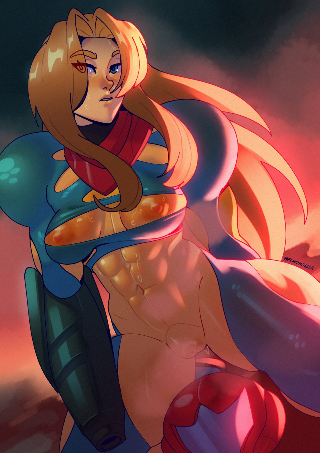 1girls abs blonde_hair bodysuit kneeling long_hair medium_breasts metroid metroid_fusion playzholder pussy samus_aran solo torn_clothes