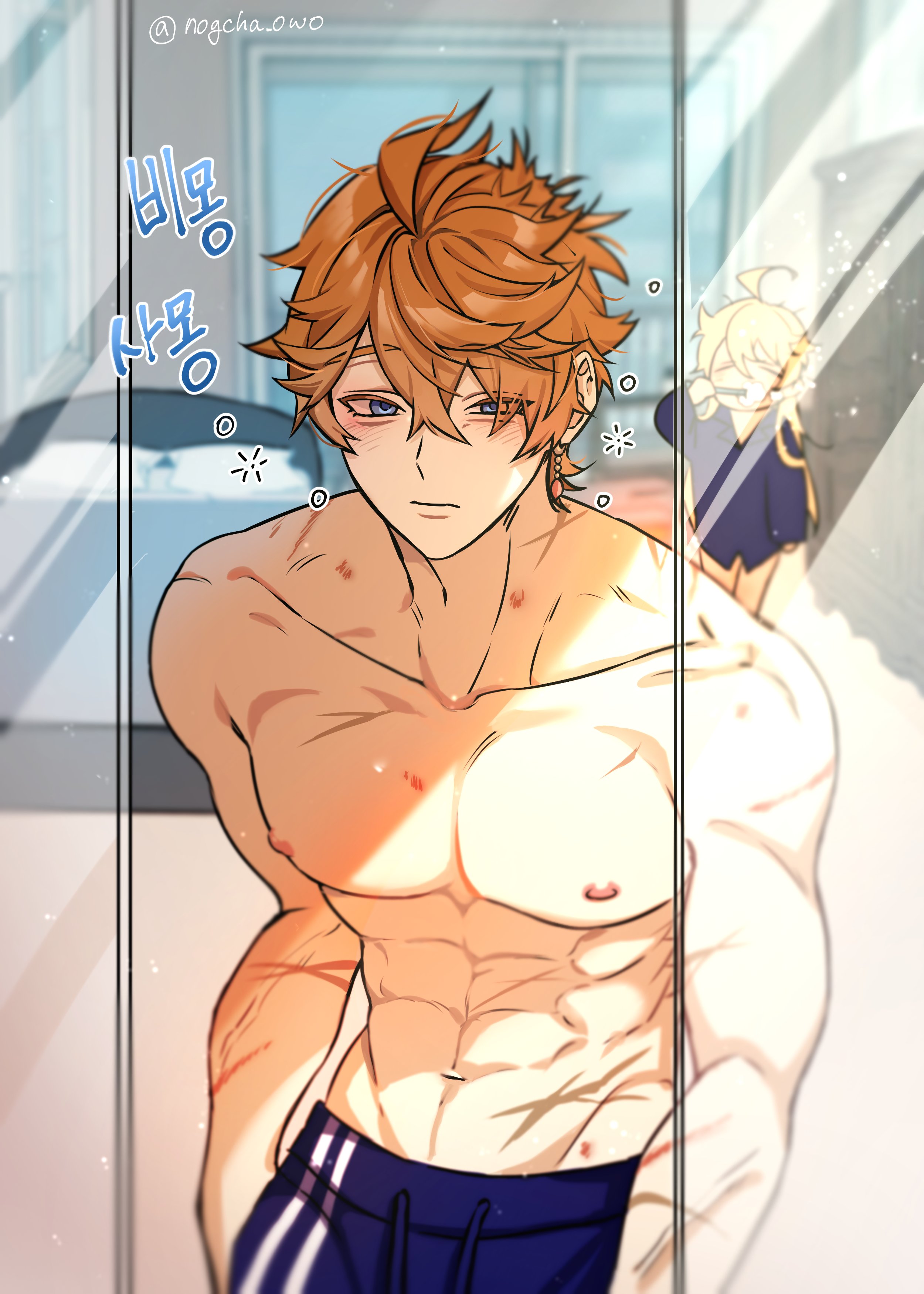 2boys, abs, aether (genshin impact), after sex, bed, bedroom, blonde hair, blue eyes, brushing teeth, childe (genshin impact), collarbone, gay, genshin impact, male, male only, mirror, mirror reflection, muscles, muscular, muscular male, nipples, nogcha owo, orange hair, pecs, scar, scars, tartaglia (genshin impact), topless, twink, yaoi