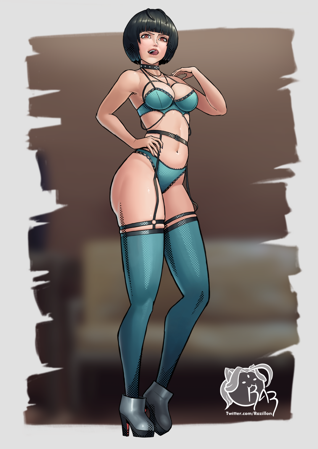 1girls, atlus, big breasts, black hair, blue bra, blue panties, blue thighhighs, bottomwear, bra, breasts, brown eyes, cleavage, collar, female, female only, footwear, full body, garter straps, hair, hand on hip, heels, high heels, hips, legs, legwear, lingerie, lips, mature, mature female, necklace, neckwear, panties, persona, persona 5, razillon, revealing clothes, short hair, solo, solo female, spiked collar, stockings, tae takemi, thick thighs, thighhighs, thighs, tongue, tongue out, topwear