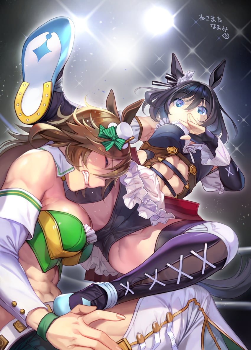 adapted_costume animal_ears black_footwear black_gloves black_hair black_pantyhose blue_eyes breasts brown_hair catfight cropped_jacket cropped_torso detached_sleeves eishin_flash_(umamusume) from_below gloves green_shirt hat horse_ears horse_girl horse_tail light long_hair looking_at_another mini_hat mini_top_hat mr._c.b._(umamusume) nekomata_naomi pantyhose shirt tail top_hat umamusume wrestling wrestling_ring