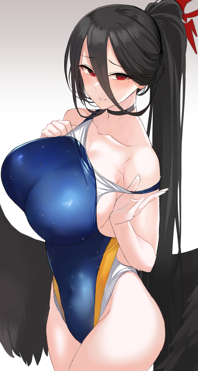 1girls ashita_(2010) bare_shoulders black_hair black_wings blue_archive blue_one-piece_swimsuit blush breasts choker collarbone competition_swimsuit covered_navel feathered_wings female hair_between_eyes halo hasumi_(blue_archive) high_ponytail highleg highleg_swimsuit highres huge_breasts justice_task_force_(blue_archive) long_hair looking_at_viewer mole mole_under_eye one-piece_swimsuit red_eyes solo swimsuit thighs trinity_general_school_student very_long_hair wet wings