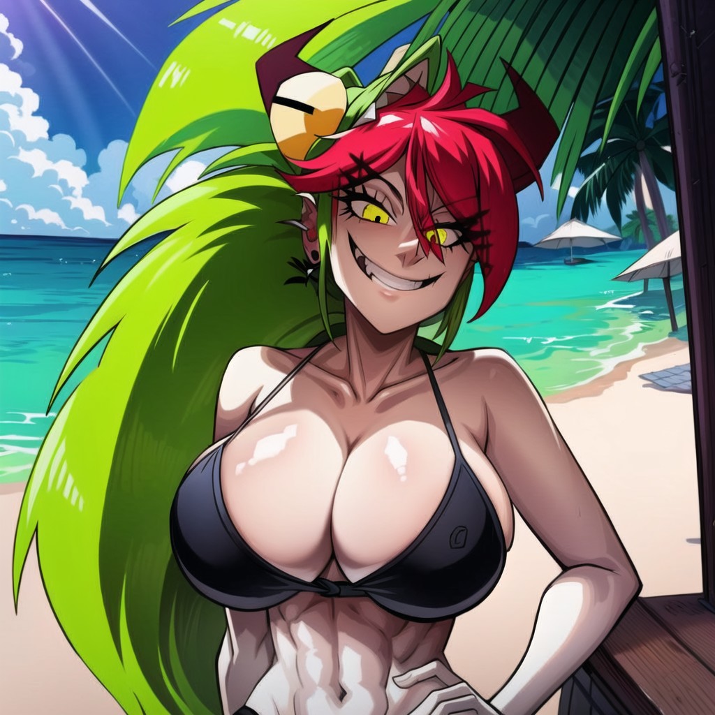 1girls ai_generated big_breasts cats62 demencia_(villainous) long_hair muscles solo_female swimsuit tagme villainous