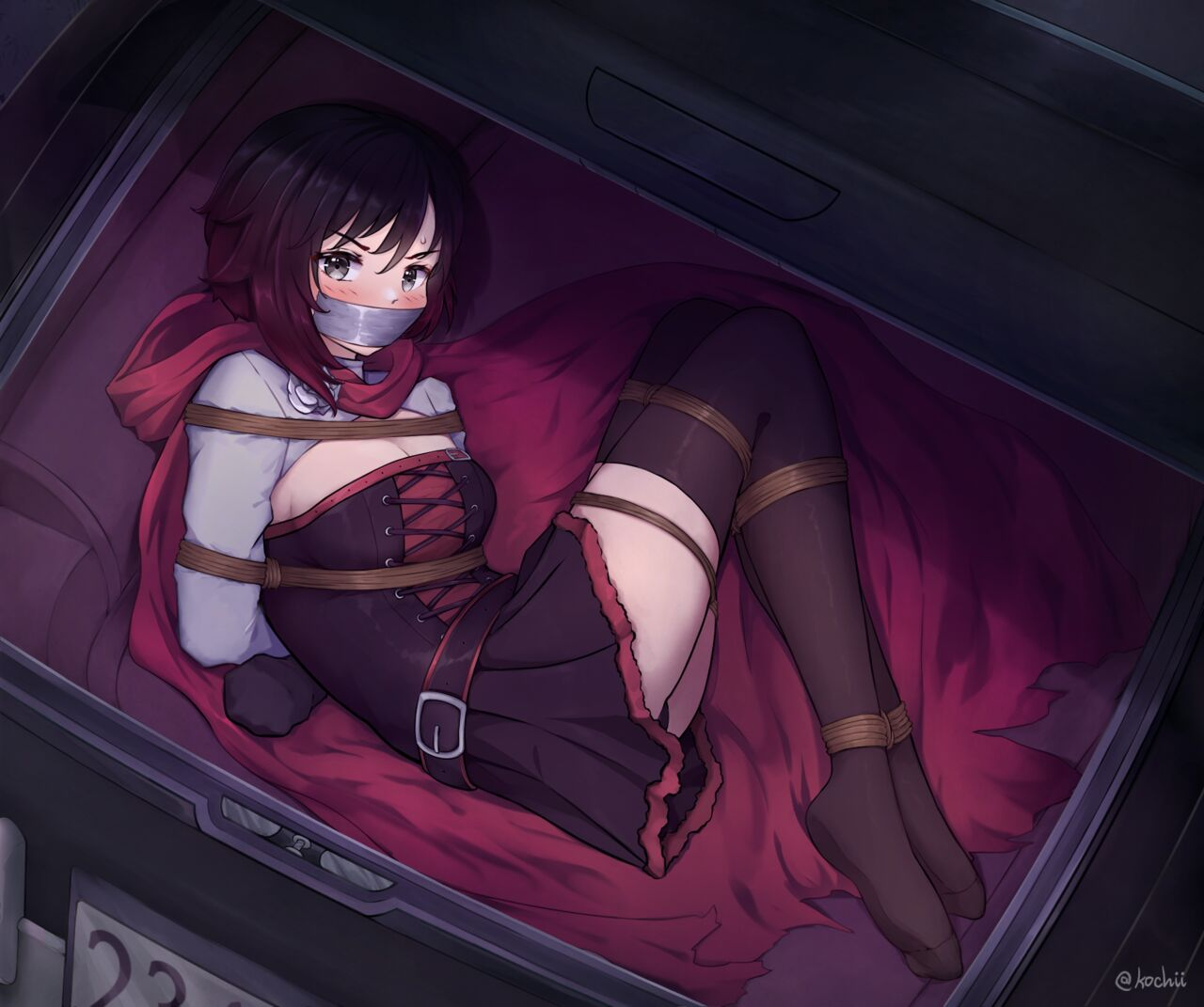 1girls, arms tied behind back, bondage, bound ankles, bound legs, car trunk, female, female only, gag, gagged, human, kochiyo-desu, looking at viewer, rope bondage, ruby rose, rwby, silver eyes, solo, tape gag, two-tone hair