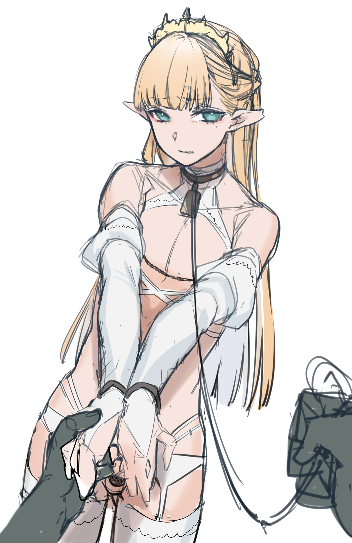 1boy, 1other, 2023, ambiguous gender, balls, bare shoulders, bell, bell collar, blonde hair, blue eyes, bondage, bridal gauntlets, chains, chastity cage, chastity device, collar, cowbell, crossdressing, cuffs, elbow gloves, elf, elf ears, femboy, flat chastity cage, garter belt, gloves, handcuffs, highres, holding hands, holding leash, injury, jewelry, leash, light skin, light-skinned male, long ears, long hair, looking at viewer, male, male focus, malesub, mole, mole under eye, nipple chain, notched ear, original, penis, pointy ears, pov, pov hands, simple background, sketch, standing, stockings, tawapo, teeth, testicles, thighhighs, thighs, tiara, trap, very long hair, white background, white gloves