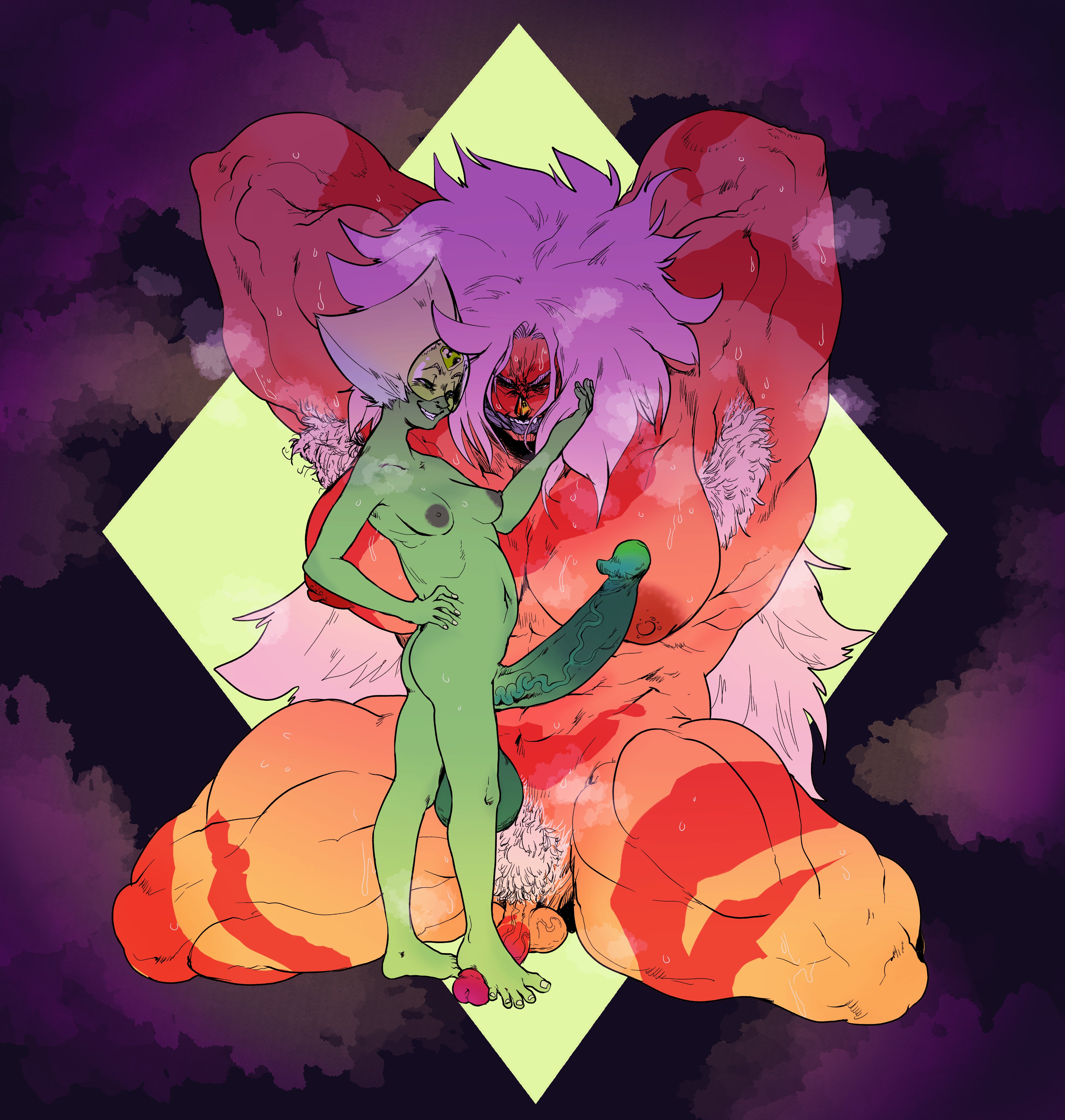 2futas, areolae, armpit hair, arms behind head, balls, big balls, bondage, breasts, domination, duo, erection, extreme muscles, futa on futa, futa only, futadom, futanari, futasub, gem (species), glenngarth, green skin, huge balls, huge cock, humanoid, humanoid penis, intersex, jasper (steven universe), kneeling, long hair, long penis, muscles, muscular, muscular futa, nipples, nude, orange skin, penis, penis size difference, peridot (steven universe), size difference, small breasts, small but hung, small dom big sub, smile, standing, stepping on penis, steven universe, visor, white hair
