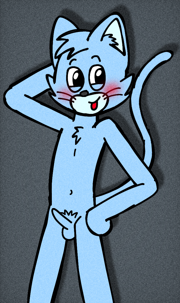 2023 anthro balls chest_tuft colored digital_drawing_(artwork) digital_media_(artwork) domestic_cat eggnaug erection felid feline felis fur genitals hair happy male mammal marshall_(eggnaug) nude penis pose simple_background smile solo tail text tuft url wholesome