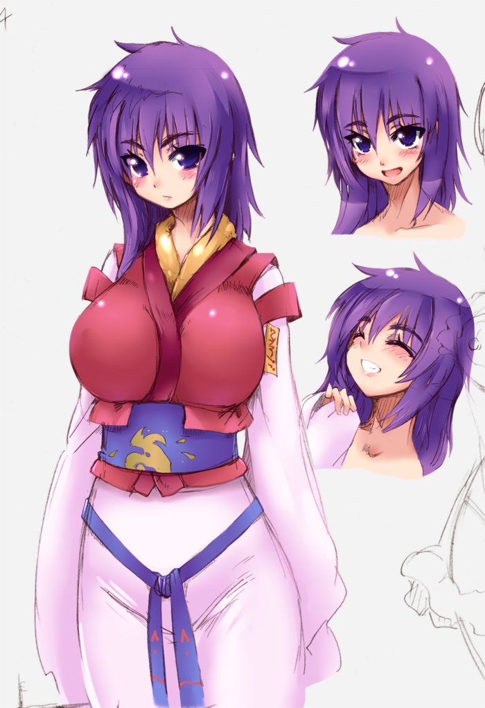 1girls arc_the_lad blush breasts clenched_teeth closed_eyes closed_mouth colored_sketch female female_focus female_only headshot_portrait huge_breasts innocent japanese_clothes kimono kukuru large_breasts laugh laughing long_sleeves looking_at_viewer miko purple_eyes purple_hair robe sash shoulder_length_hair sketch smile smiling standing teeth tokyo_(great_akuta)