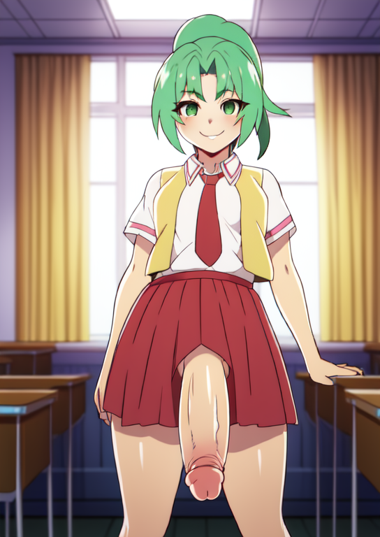 07th_expansion 1futa ai_generated futanari green_eyes green_hair happy higurashi_no_naku_koro_ni mion_sonozaki room school solo solo_futa stable_diffusion