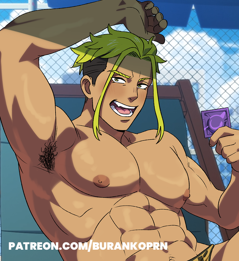 1boy armpit_hair armpits biceps burankoprn condom gay gyaruo kencho kenichirou_ryuuzaki male male_only muscle muscles muscular muscular_male nipples patreon patreon_username solo tan-skinned_male tan_skin underwear yaoi yellow_hair zom_100:_zombie_ni_naru_made_ni_shitai_100_no_koto