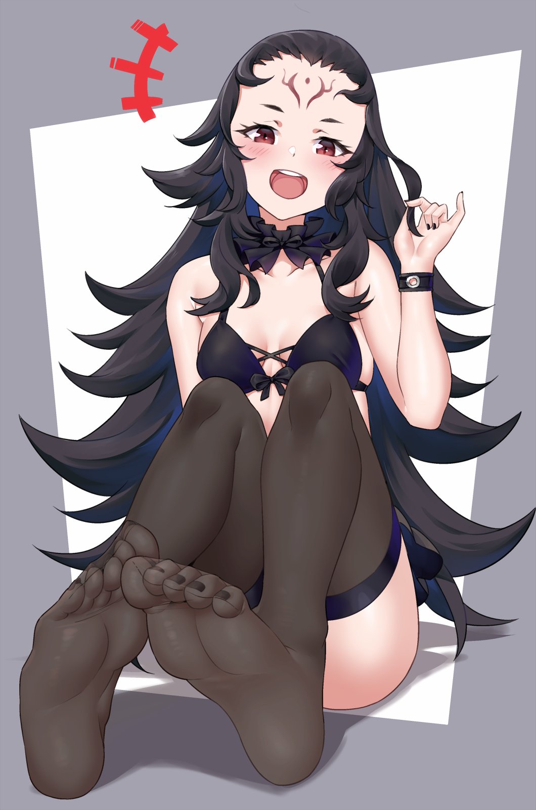 1girls, bare shoulders, bare thighs, black hair, black nails, black thighhighs, bra, breasts, feet, female, female only, fire emblem, fire emblem fates, foot focus, highres, igni tion, long black hair, long hair, nail polish, nintendo, nyx (fire emblem), open mouth, small breasts, soles, teeth, thighhighs, toenail polish, toenails, underwear, upper teeth