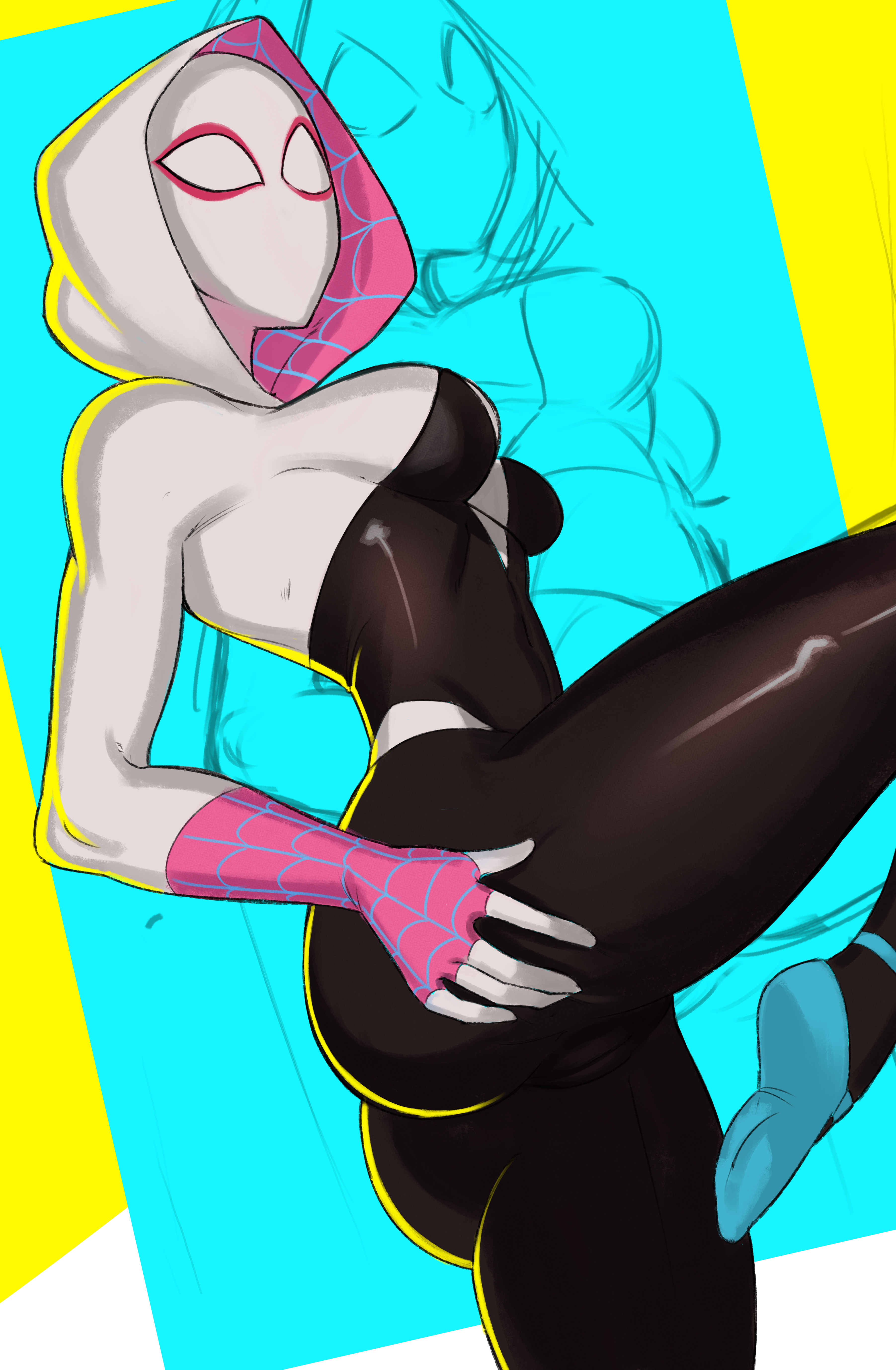 1girls, bodysuit, breasts, cameltoe, female, gwen stacy, hood, kaimecha, marvel, marvel comics, mask, medium breasts, pussy, skin tight, solo, spider-gwen, standing